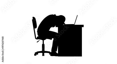 Depressed Businessman Silhouette Sleeping On Office Desk Near Laptop And Chair
