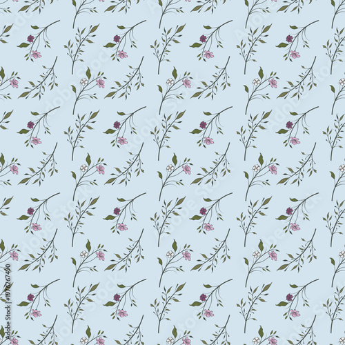 Seamless Delicate Wildflower Pattern on Soft Blue Background, Minimal Botanical Floral Repeat Design