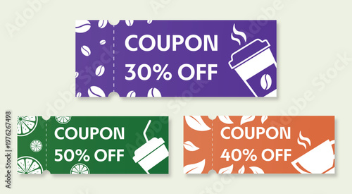 Set of three colorful discount coupons with coffee, juice and fruit icons
