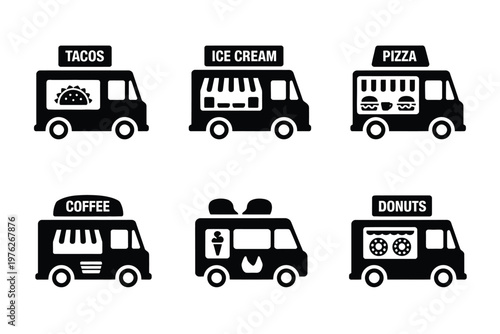 A set of black and white icons of various food trucks