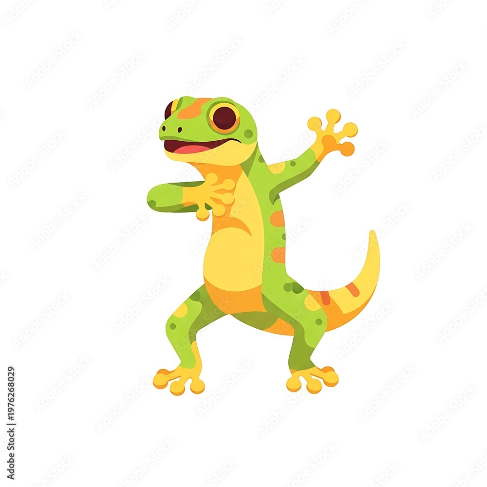 Fototapeta premium A charming cartoon-style lizard is depicted in a playful pose, standing with its arms raised. The illustration utilizes vibrant colors, emphasizing its scales