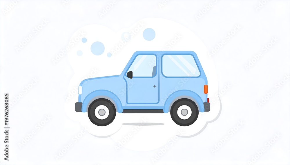 Fototapeta premium A cartoon-style illustration shows a light blue compact car. The vehicle is surrounded by stylized, airy bubbles against a clean white background