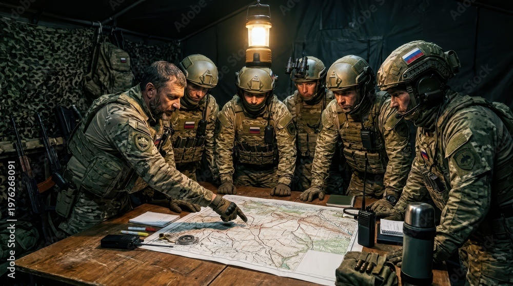 Fototapeta premium Soldiers Strategizing Over Map in Military Command Tent
