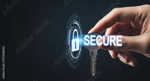 Hand holding metal key next to glowing digital lock icon, for cybersecurity, data protection, privacy, network safety, concept secure access for business solutions