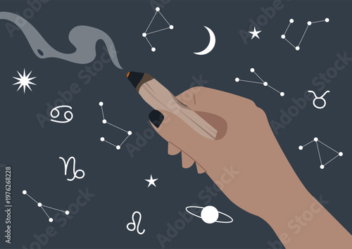 A hand gently holds palo santo as its fragrant smoke curls upward, surrounded by a mystical night sky adorned with stars and zodiac constellations, creating a serene spiritual atmosphere