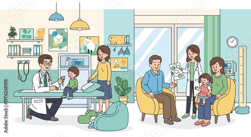 Family, doctor, waiting room, medical, healthcare, clinic, cartoon, vector, illustration, people, patients, examination, consultation