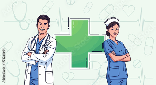 Medical professionals, doctor and nurse, healthcare workers, medical icons, vector illustration