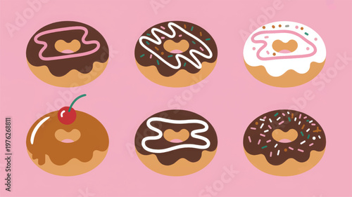 A graphic design layout featuring a colorful assortment of decorated donuts on a pink background with various toppings and glazes