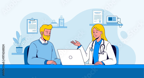 Medical consultation, doctor patient discussion, healthcare professionals, office setting, vector illustration