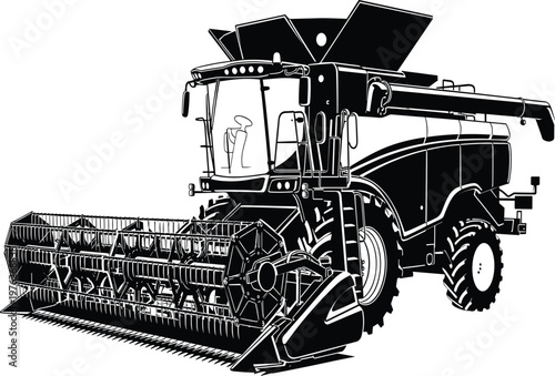 Modern combine harvester line drawing, agricultural machinery vector illustration, farm equipment engineering sketch, grain harvesting machine, tractor header reel blades
