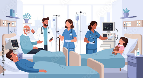 Hospital room, medical team, doctors and nurses, healthcare professionals, patient care, blue scrubs, medical equipment, pediatric ward