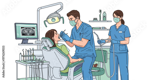 Dentist, dental assistant, medical illustration, blue scrubs, healthcare professionals, clinic, vector graphics