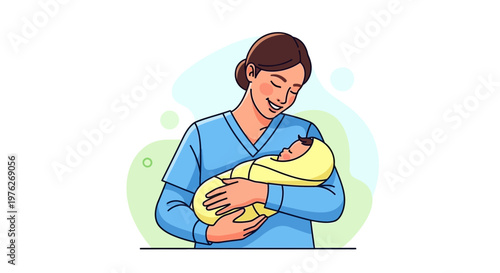Mother holding newborn baby, breastfeeding illustration, parenting vector, infant care graphics, yellow swaddled baby, blue shirt woman