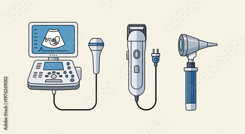 Medical devices, ultrasound machine, transducer, otoscope, dermatoscope, diagnostic tools, healthcare equipment, vector illustration