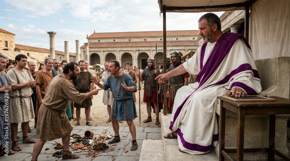 Fototapeta premium Ancient Roman Marketplace Dispute with Judge and Witnesses