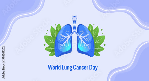 World Lung Cancer Day, lung health awareness, cancer prevention, medical icons, blue green vector illustration
