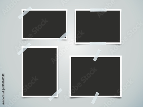 Photo Frame Set with Adhesive Tape Vector Illustration – Empty Retro Picture Frames Mockup, Photography Album Border Design on Background
