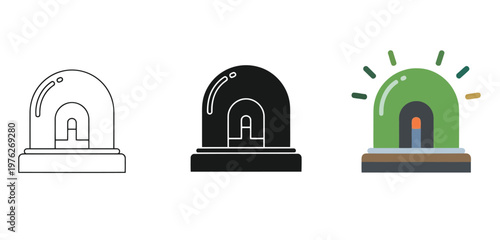 Set of emergency siren icons, outline, solid and flat style vector illustration of a green flashing light