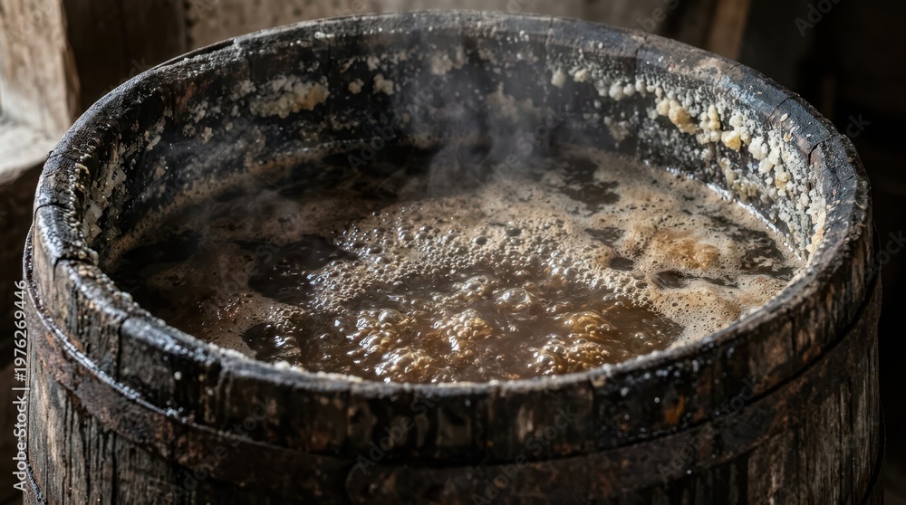 Fototapeta premium Bubbling Brew in Rustic Barrel with Steam Rising Above Surface