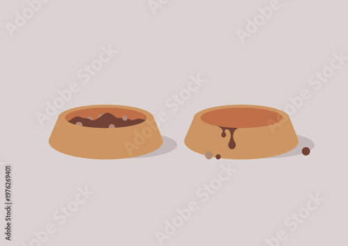 Two bowls of dog food display a delightful contrast from full to empty, capturing the happiness of a pet savoring its meal at home, surrounded by love and care.