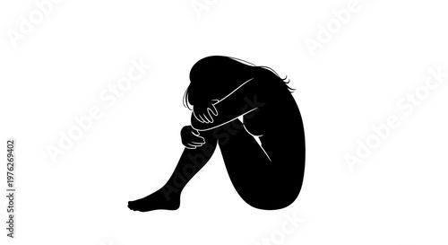 Solitary Silhouette Woman Embracing Knees in Pose of Reflection and Vulnerability