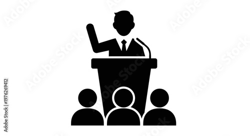 Speaker Addressing Audience from Podium with Microphone and Audience Silhouettes