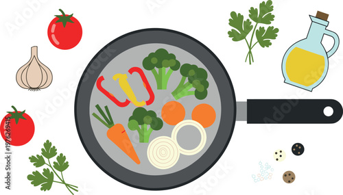 A frying pan filled with colorful vegetables and ingredients on transparent background