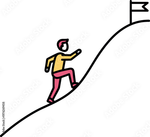A determined person climbing a steep hill towards a flag on transparent background