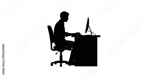 Silhouette of a Man Working on a Computer at a Desk with Office Chair