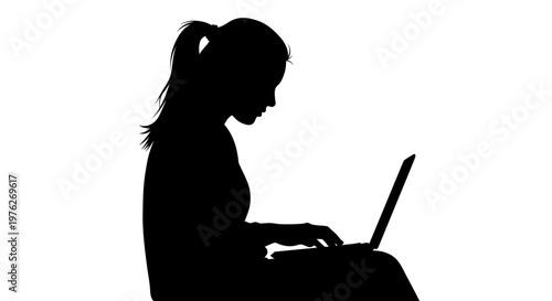 Silhouette of a Woman Typing on a Laptop, Focusing on Work or Study