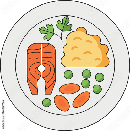 A plate of food with salmon, mashed potatoes, peas, and carrots on transparent background