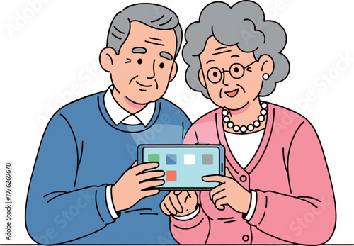 An elderly couple smiling and using a smartphone together on transparent background