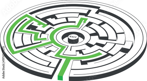 A circular maze with a green path on transparent background