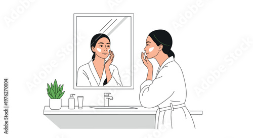 A woman in a white robe applying skincare products on her face in front of a mirror on transparent background
