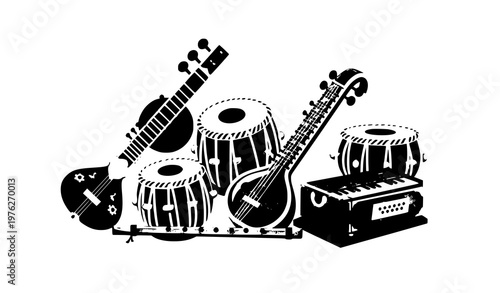 Obraz na plátně Colorful cartoon Indian musical instruments vector illustration with sitar tabla