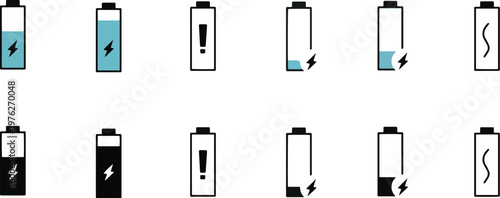 Battery icons set with various charge levels and warning symbols on transparent background