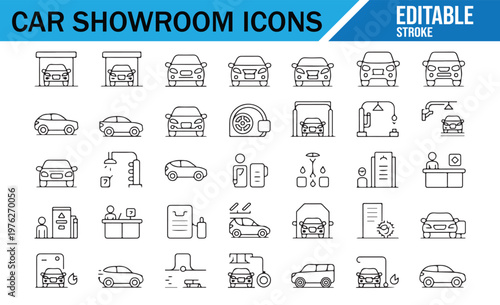 Vehicle showroom and automotive service icons clean line style vector set
