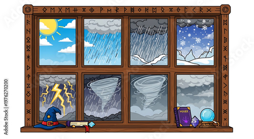 A vector graphic illustration of a magical window with multiple weather conditions and mystical objects on the sill