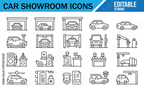 Car showroom icon set line style automotive dealership service garage vehicle maintenance transport symbols collection vector outline icons for auto sales repair parking inspection and car services