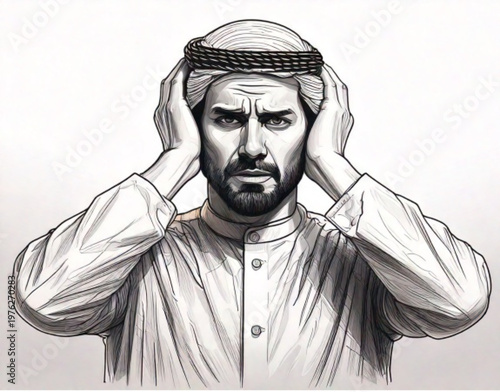 Man Covering Ears Expressing Frustration or Disbelief.