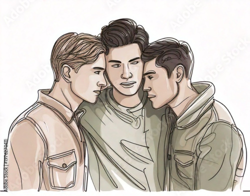 Three young men embracing in a close huddle showing friendship.