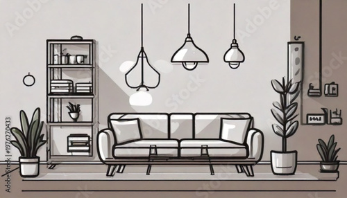 Modern Living Room Interior Design Sketch with Sofa and Plants.