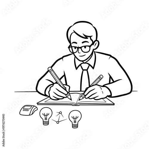 Ambidextrous businessman brainstorming and writing new ideas