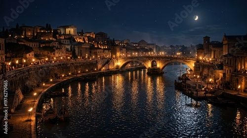 Enchanting Night Scene of a Historical Italian City by the River
