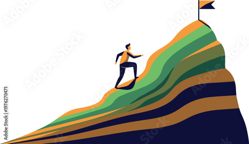 A person climbing a colorful mountain with a flag on transparent background