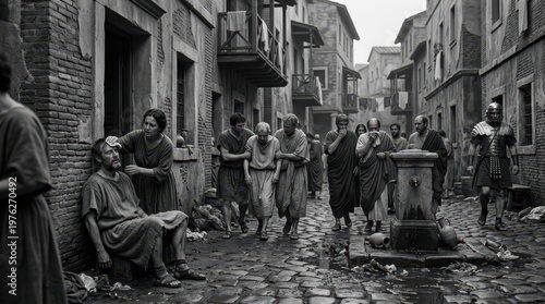 Historical Scene of Ancient Roman Market Day in Black and White