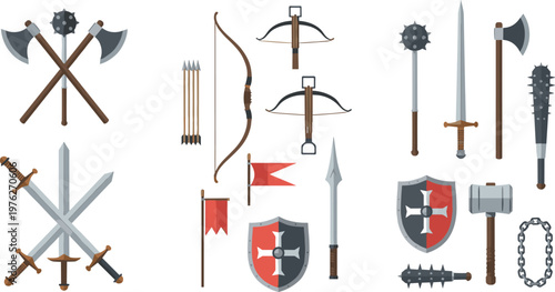Medieval Fantasy Weapons and Shields Set with Swords, Axes, Crossbows, Mace, Spear and Knight Heraldry Elements for Game and Historical Design