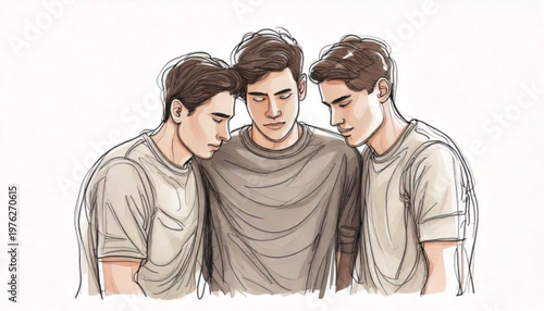 Three young men looking down together in thought.
