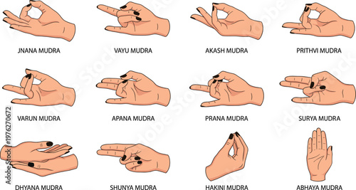 Yoga hand mudras set for meditation and healing, buddha finger gestures vector illustration, spiritual wellness infographics collection