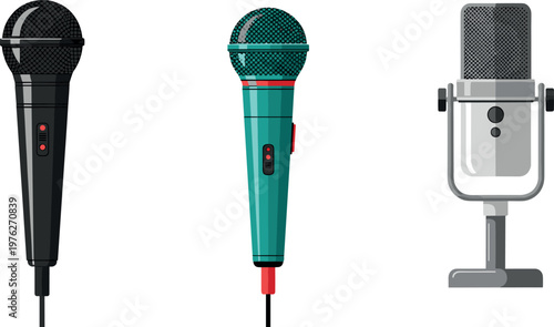 Microphone Icons Set with Handheld and Studio Microphones for Audio Recording, Podcasting, Broadcasting, and Music Performance Concepts